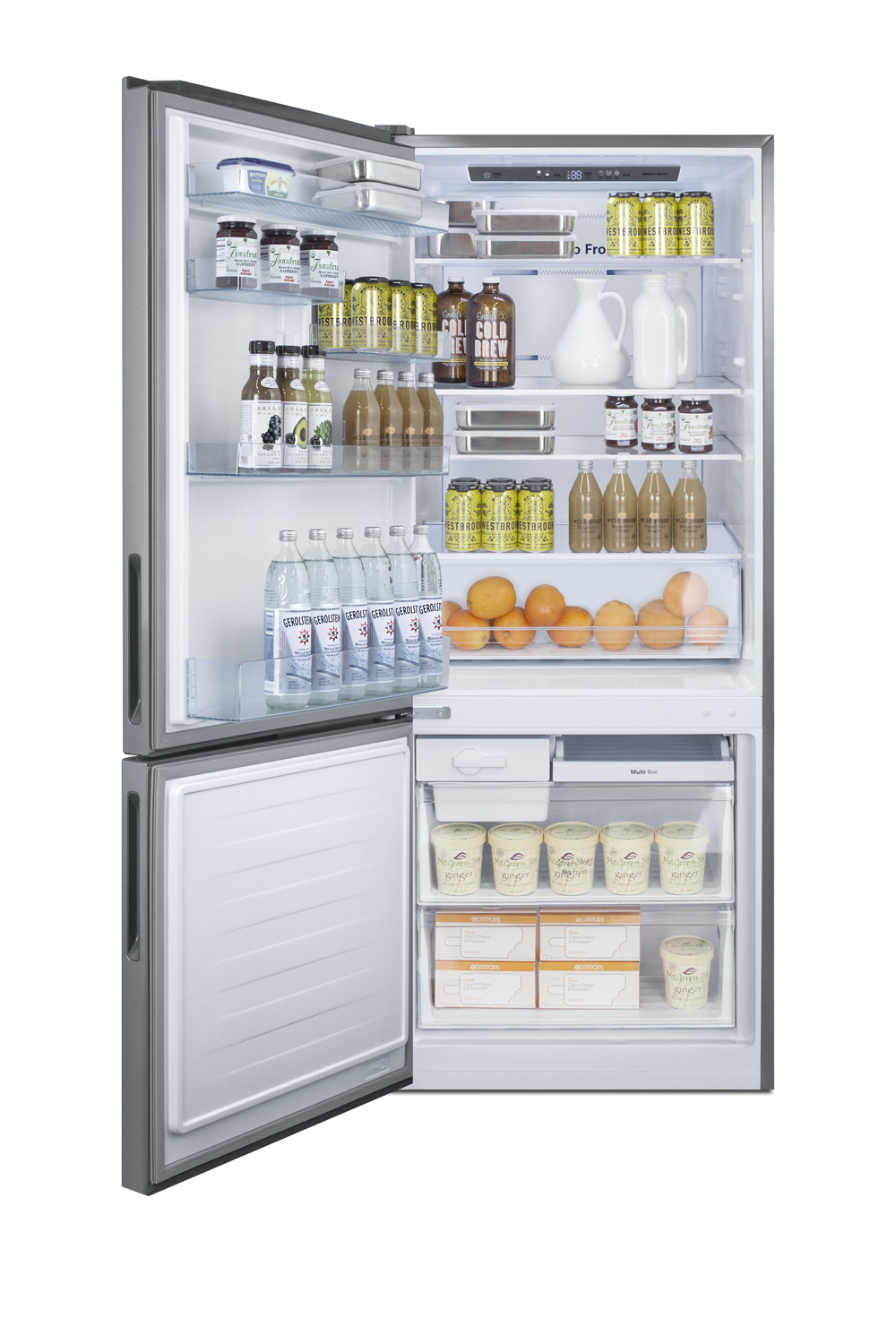 Frost-free ENERGY STAR certified bottom freezer refrigerator in stainless steel with digital controls and a counter depth fit